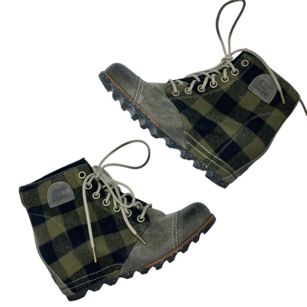 SOREL JOAN THE ARTIC Women's Wedge Ankle Boots Buffalo Plaid Wool Leather Size 8
